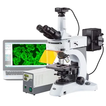 AmScope 40X-1000X vertikalios fluorescencijos mikroskopas su besisukančiu kelių filtrų bokšteliu + 20MP kamera FM820T-20MBI3