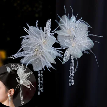 Balta nėrinių plunksna Gėlių plaukų segtukas Vestuvinis nuotakos galvos apdangalas Moteris Plaukų segtukai vakarėliui Vestuvių aksesuarai Nuotakos galvos apdangalai