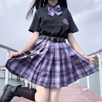 Japonų Harajuku Trijų dalių komplektas Plaid Mini Moterų sijonas Mokyklinės uniformos Sijonas A-line Sweet High Waist Women kawaii Kostiumai ir komplektai
