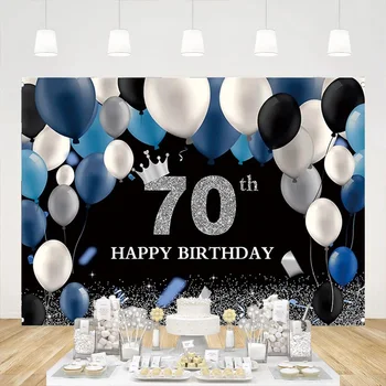 Juoda ir sidabrinė 70-ojo gimtadienio fonas Karinio jūrų laivyno mėlynai balti balionai Karūnos vakarėlio dekoravimas Septyniasdešimties metų senumo reklamjuostės fonas