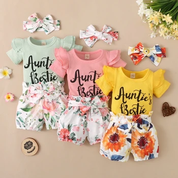 Kūdikių drabužių rinkiniai Vasaros mažylių mergaičių kostiumai Vienspalvės viršūnės Trikotažas ir leopardas Gėlių šortai+Plaukų juosta Naujagimio rinkiniai 3vnt