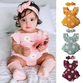 Naujagimių mergaičių romperių apranga Kūdikių drabužėliai Daisy Print Ruffles Kombinezonas Krepo audinys Kūdikių romperis Smėlinukas+Bowknot Galvos juostų rinkiniai