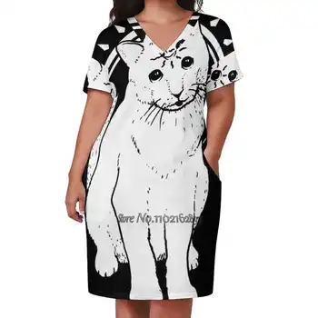 Psychic Kitty 2 Design Print Dress Short Sleeve V-Neck Fashion Sijonas Thin Short Sleeve Sijonai Trippy Kitty 3Rd Eye Chakra Drugs
