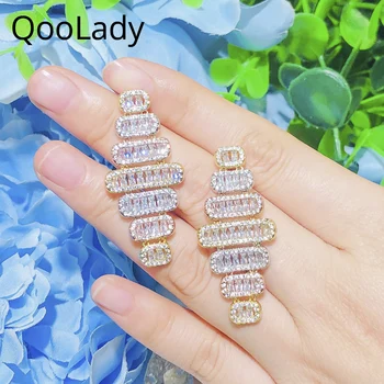QooLady 2023 Prekės ženklas Beautiful Geometric 3 Tone Gold Color Drop Earring White Baguette Cubic Zirconia Lady Engagement Jewelry E174