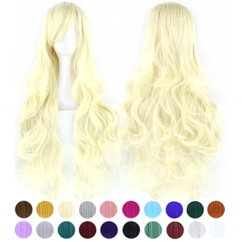 Soowee 80cm ilgio blondinės banguotų sintetinių plaukų Cosplay perukas su kirpčiukais Spalvingi Helovino kostiumų perukai moterims